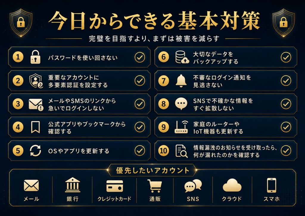 パスワード使い回し防止、多要素認証、公式サイト確認、更新、バックアップ、ログイン通知確認など今日からできる基本対策を示した図解