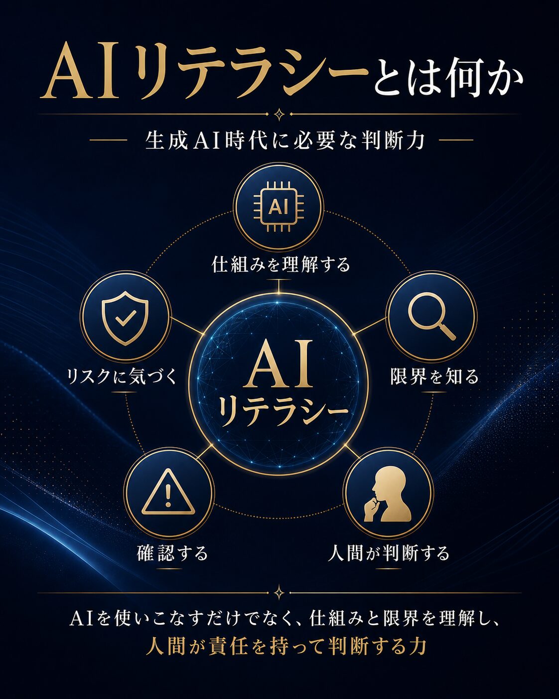 AIリテラシーの全体像を、AIの仕組み、限界、確認、リスク、人間の判断から示した図解