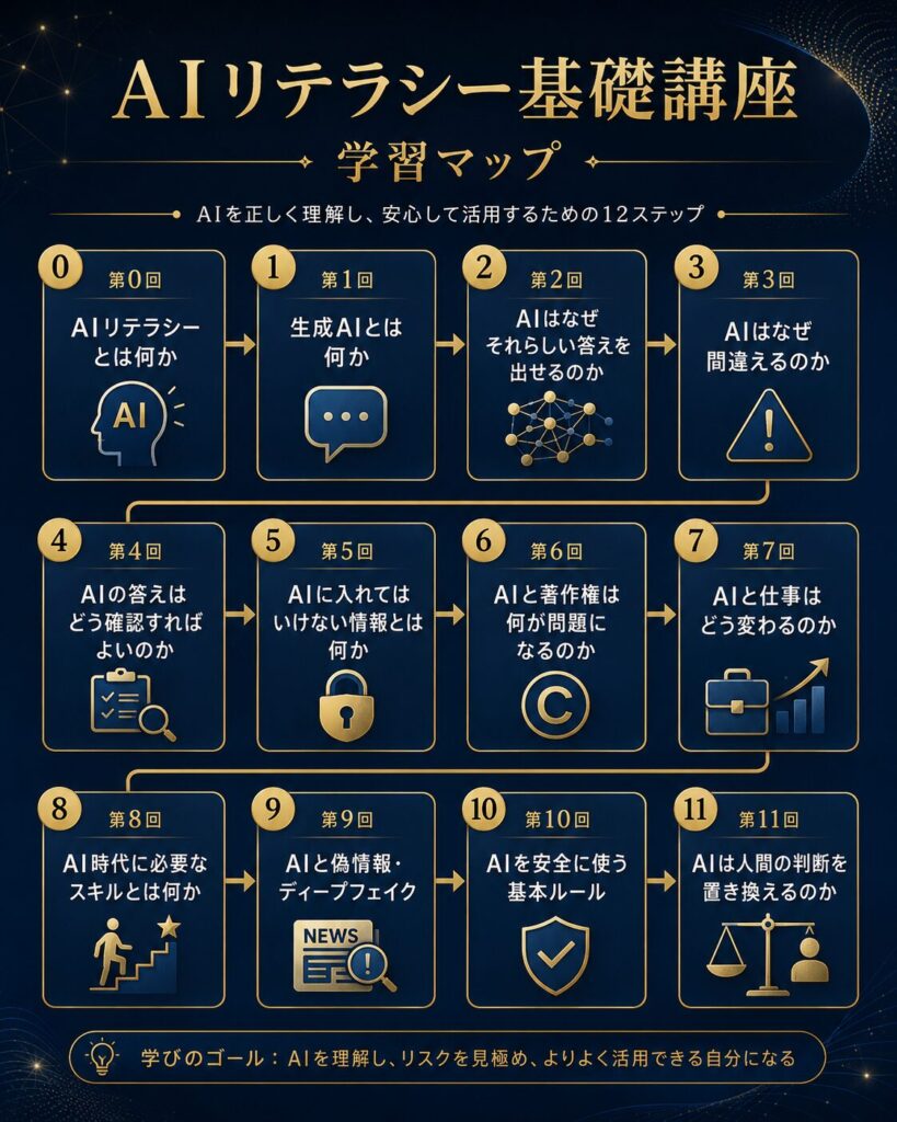 AIリテラシー基礎講座の学習マップを、生成AI、ハルシネーション、情報確認、情報漏洩、著作権、仕事、偽情報、人間の判断から示した図解