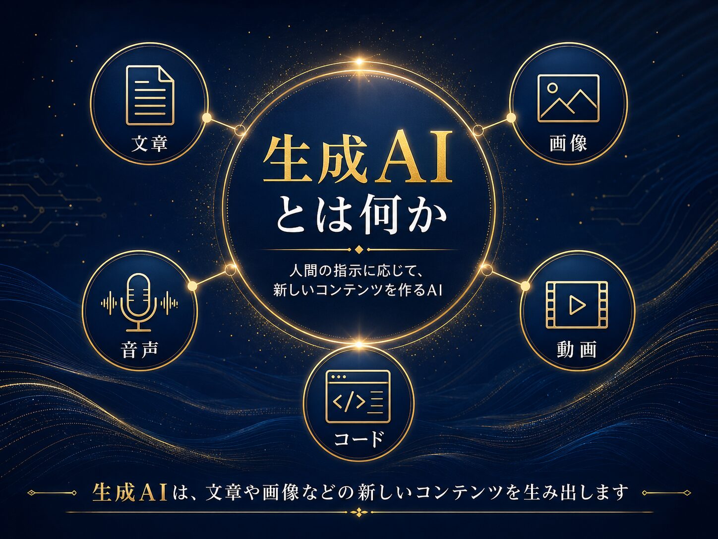 生成AIの全体像を、文章、画像、音声、動画、コードなど新しいコンテンツを作るAIとして示した図解