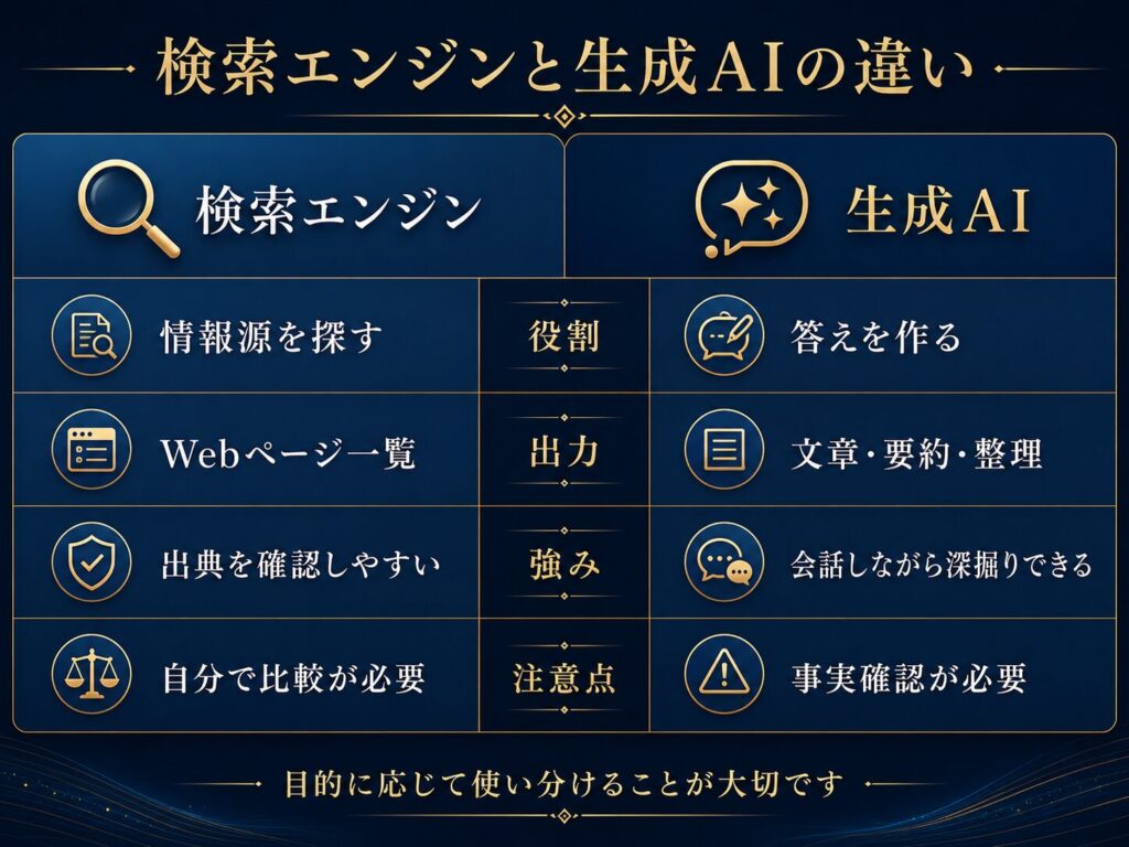 生成AIと検索エンジンの違いを、答えを作る道具と情報源を探す道具として比較した図解