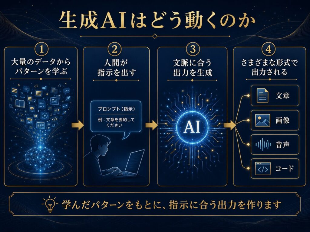 生成AIが大量のデータからパターンを学び、人間の指示に応じて文章や画像などを生成する流れを示した図解