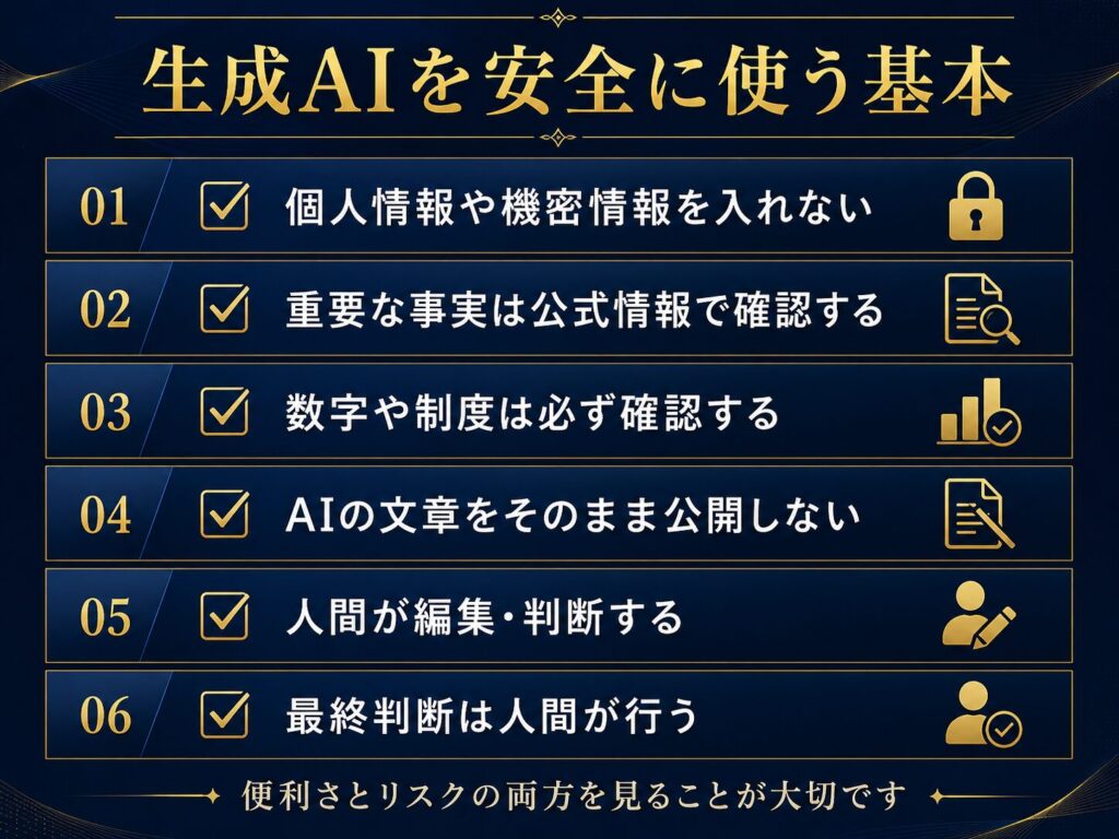 生成AIを安全に使う基本として、個人情報を入れない、公式情報で確認する、人間が編集する、最終判断を人間が行うことを示した図解
