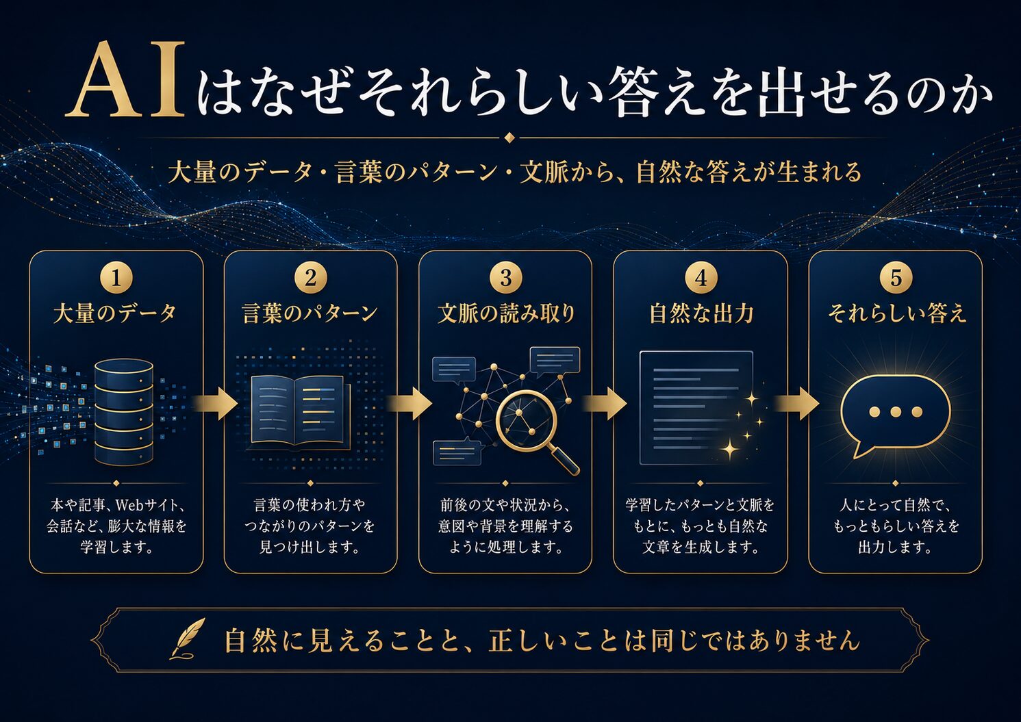 AIが大量のデータ、言葉のパターン、文脈をもとに、それらしい答えを生成する仕組みを示した図解