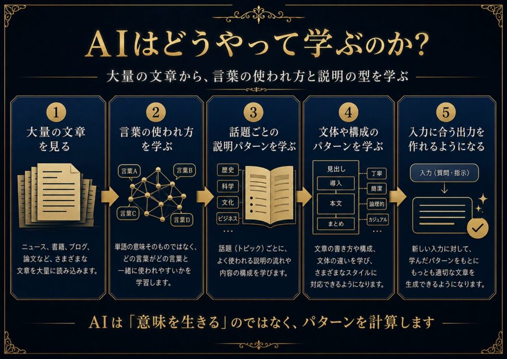 AIが大量の文章から言葉の使われ方や説明の型を学び、文脈に合う出力を作る流れを示した図解