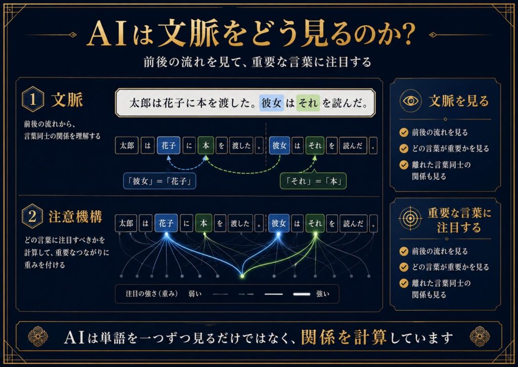 AIが文脈を見て、文章の中で重要な言葉や関係に注目する仕組みを示した図解