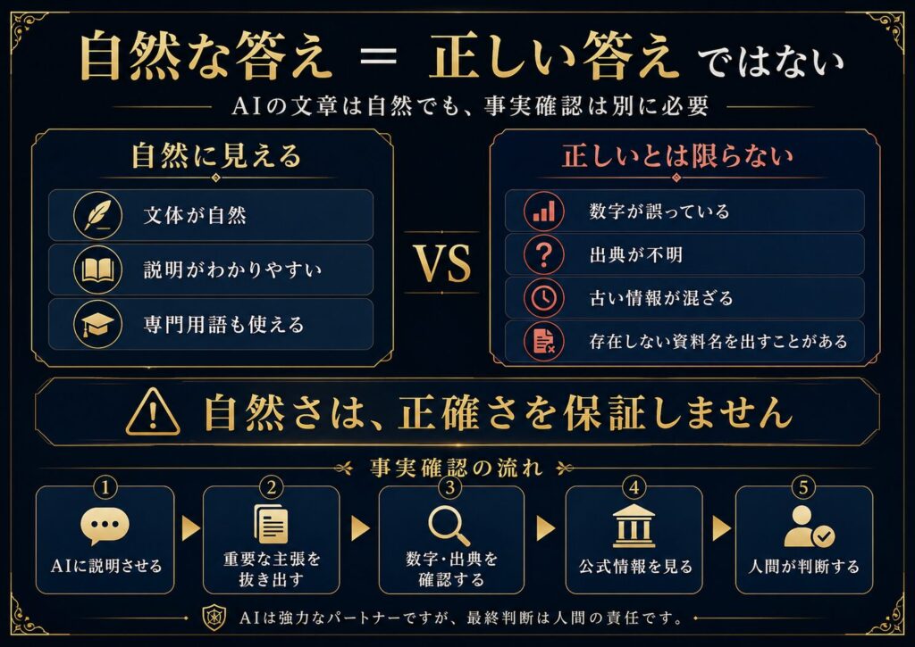 AIの自然な文章と事実として正しい情報は別であり、出典確認が必要であることを示した図解