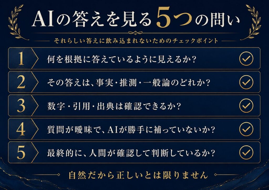 AIのそれらしい答えを見るための5つの問いを示したチェックリスト図解