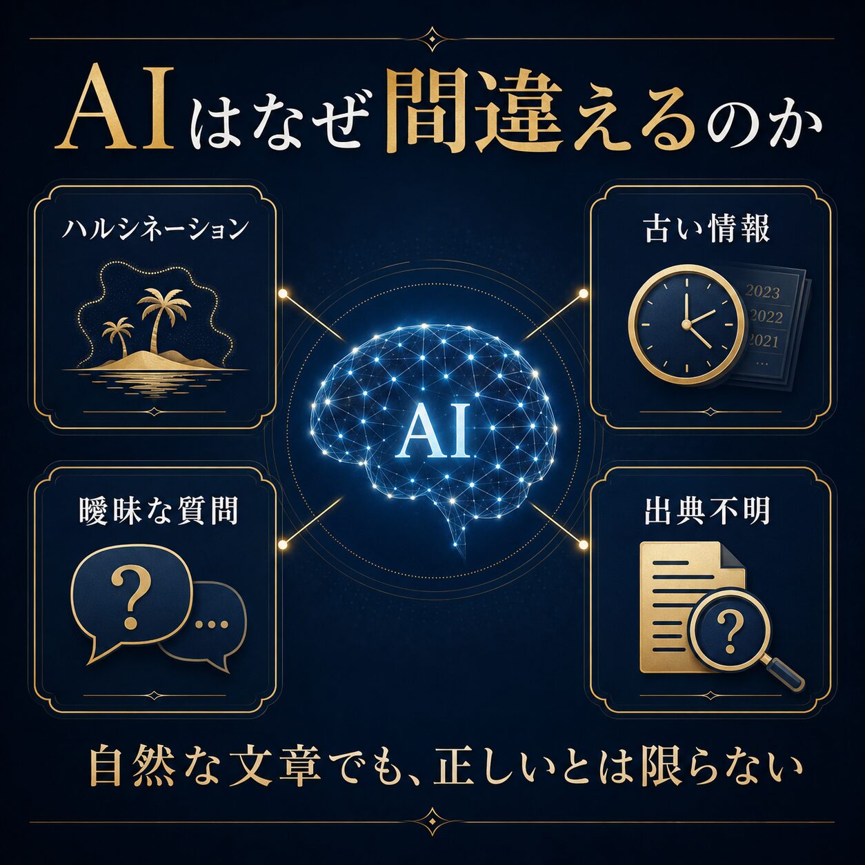 AIが自然な文章を出しても、ハルシネーション、古い情報、出典不明、質問の曖昧さによって間違えることを示した図解