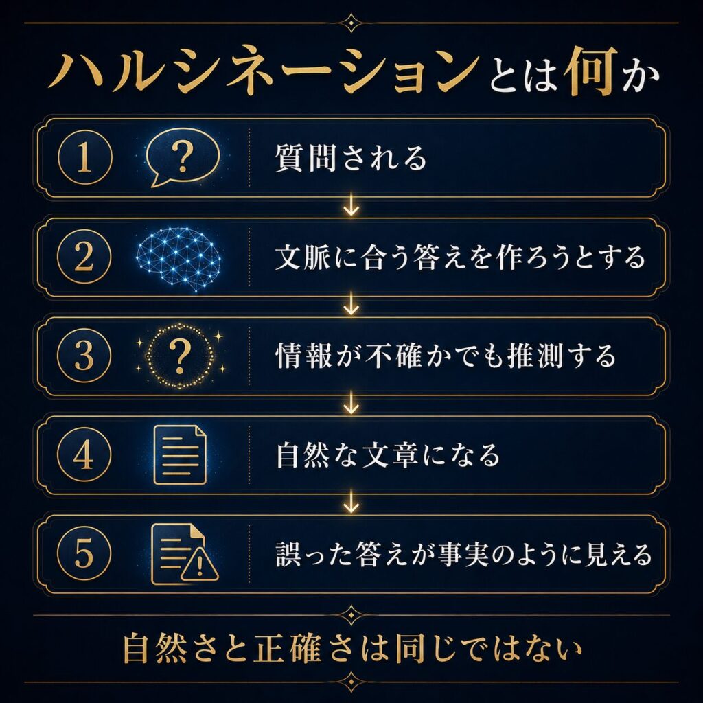 AIが質問に対して文脈に合う答えを作ろうとし、不確かな情報でも推測して自然な文章として返す流れを示した図解