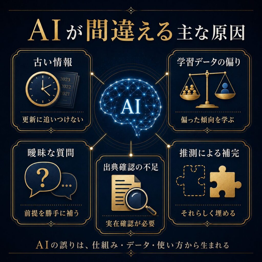 AIが間違える主な原因として、古い情報、学習データの偏り、曖昧な質問、出典不明、推測による補完を示した図解