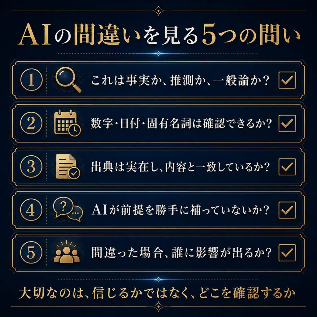 AIの間違いを見るための5つの問いを示したチェックリスト図解