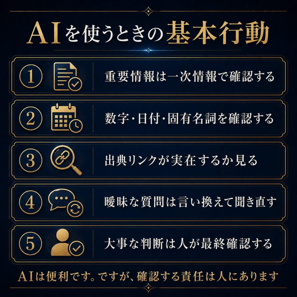 AIに下書きを作らせ、重要な主張、数字、固有名詞、日付、公式情報を確認し、人間が判断する流れを示した図解