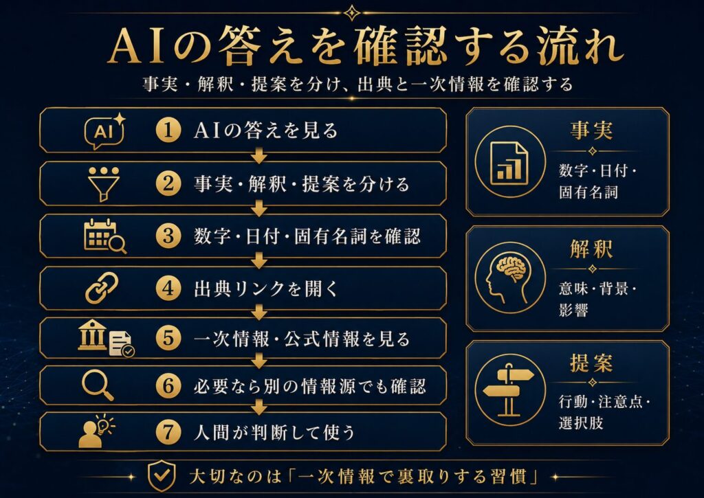 AIの答えを確認する流れを、事実、出典、一次情報、リスク、人間の判断から示した図解