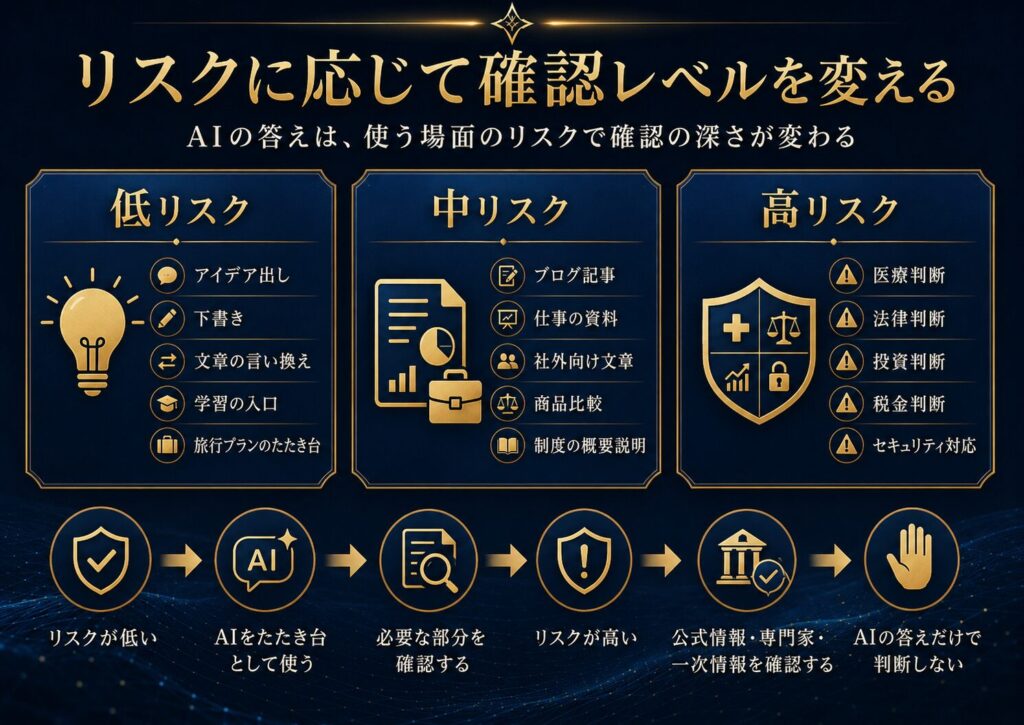 AIの答えを低リスク、中リスク、高リスクに分け、確認レベルを変える考え方を示した図解