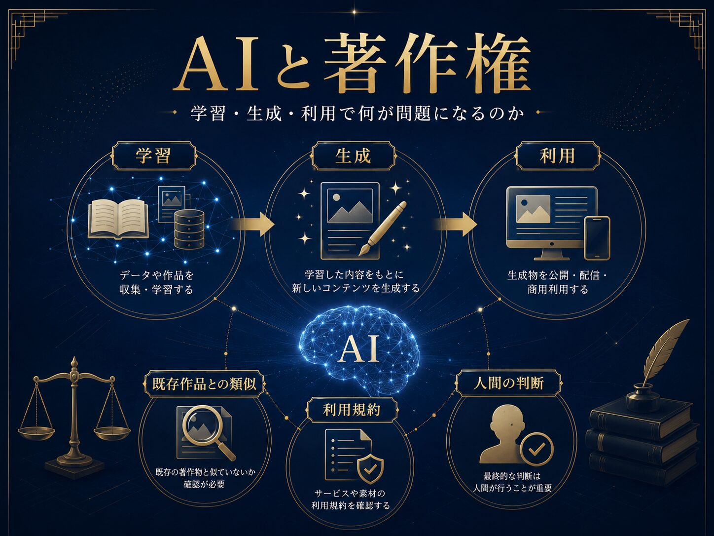 AIと著作権を、学習段階、生成段階、利用段階の3つに分けて示した図解