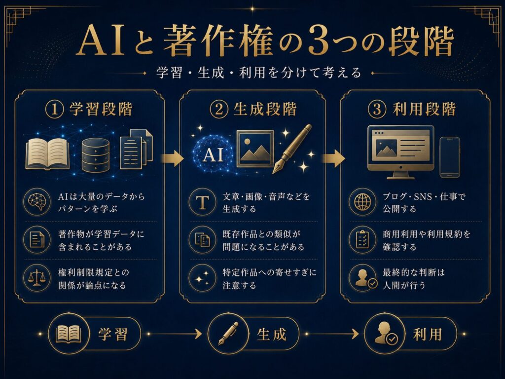 AIと著作権を、学習段階、生成段階、利用段階の3つに分けて示した図解