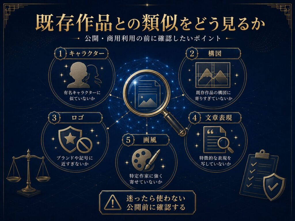 AI生成物が既存作品、キャラクター、構図、ロゴ、文章表現に似ていないか確認する図解