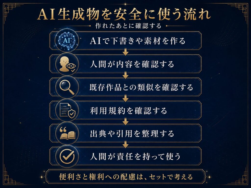AIで下書きや素材を作り、人間が確認し、既存作品との類似や利用規約を確認して使う流れを示した図解