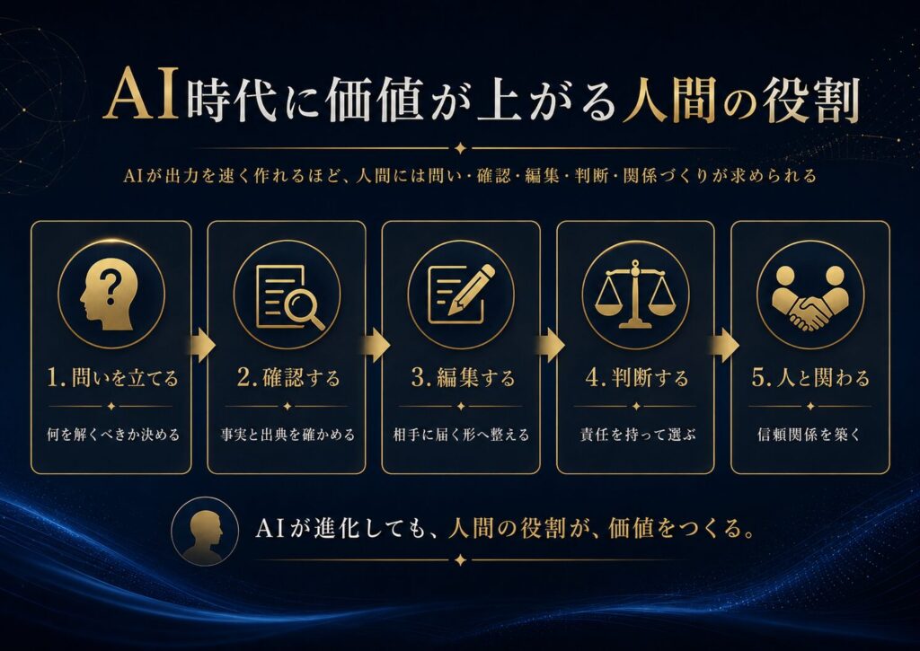 AI時代に人間に残る役割として、問いを立てる、確認する、編集する、判断する、人と関わることを示した図解