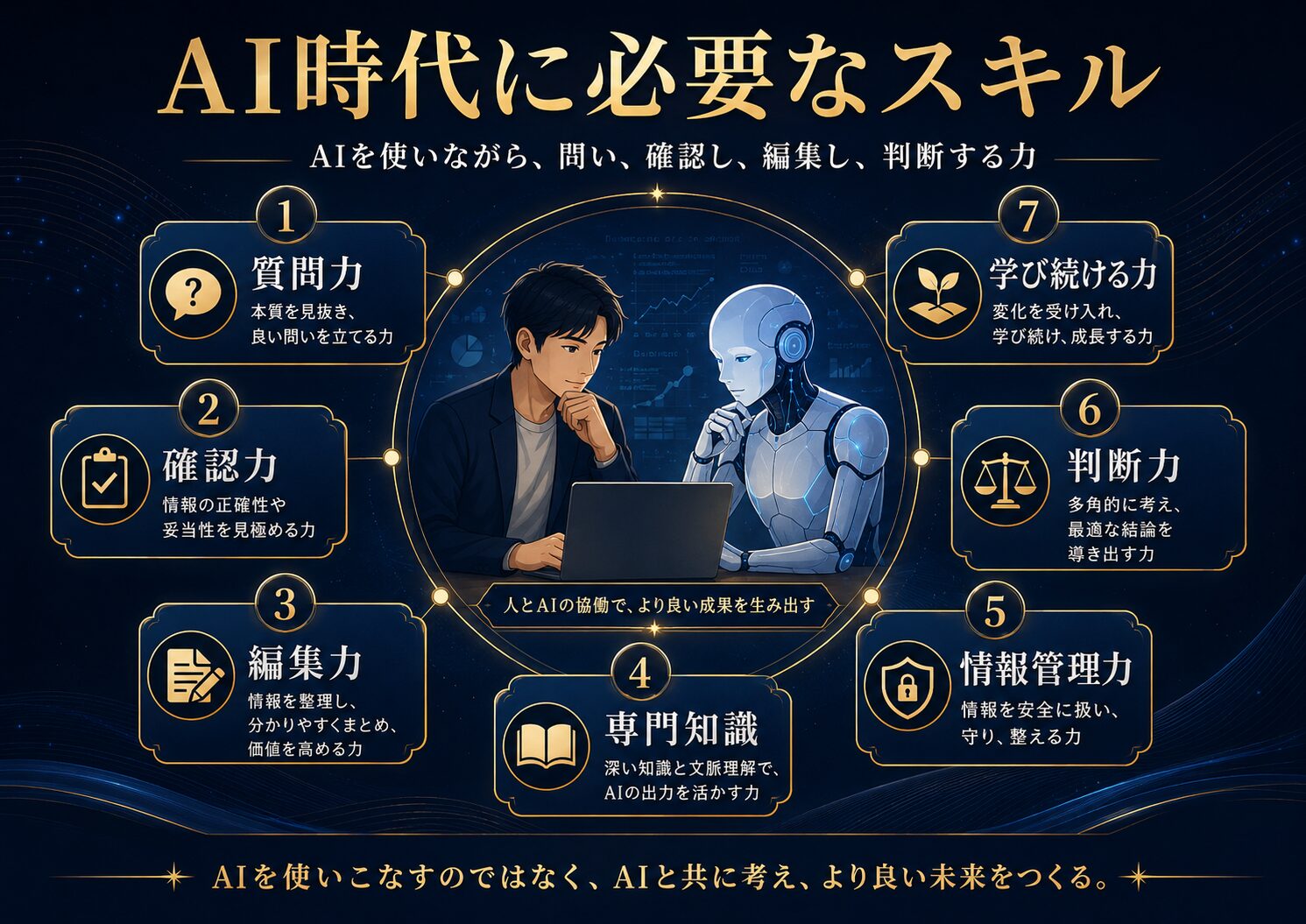 AI時代に必要なスキルを、質問力、確認力、編集力、専門知識、情報管理力、判断力、学び続ける力から示した図解