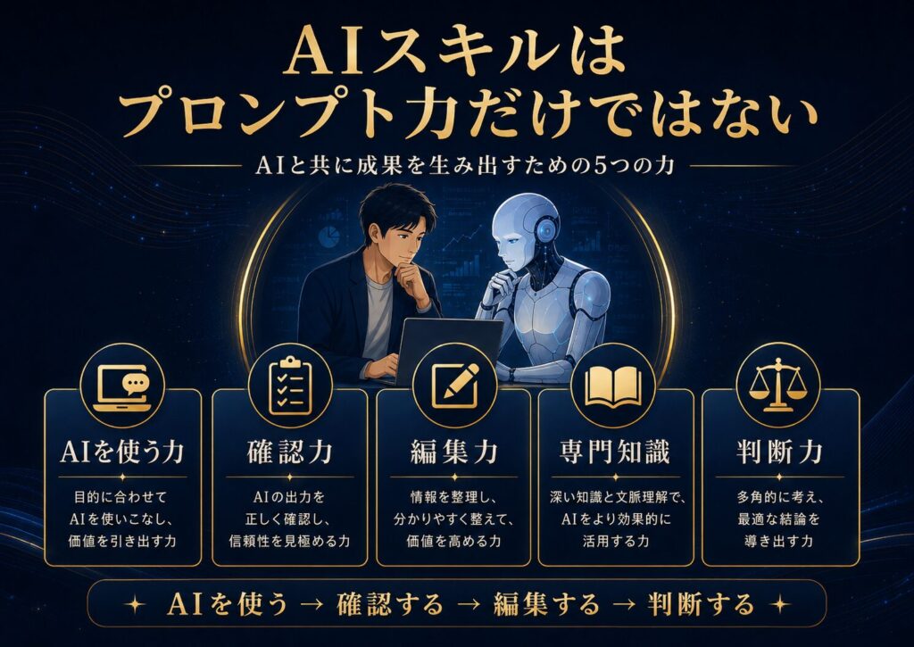 AI時代のスキルが、プロンプト力だけでなく、確認力、編集力、専門知識、判断力の組み合わせであることを示した図解