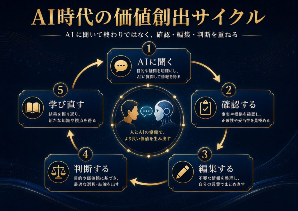 AIに問い、出力を確認し、編集し、判断し、次の学びへつなげる循環を示した図解