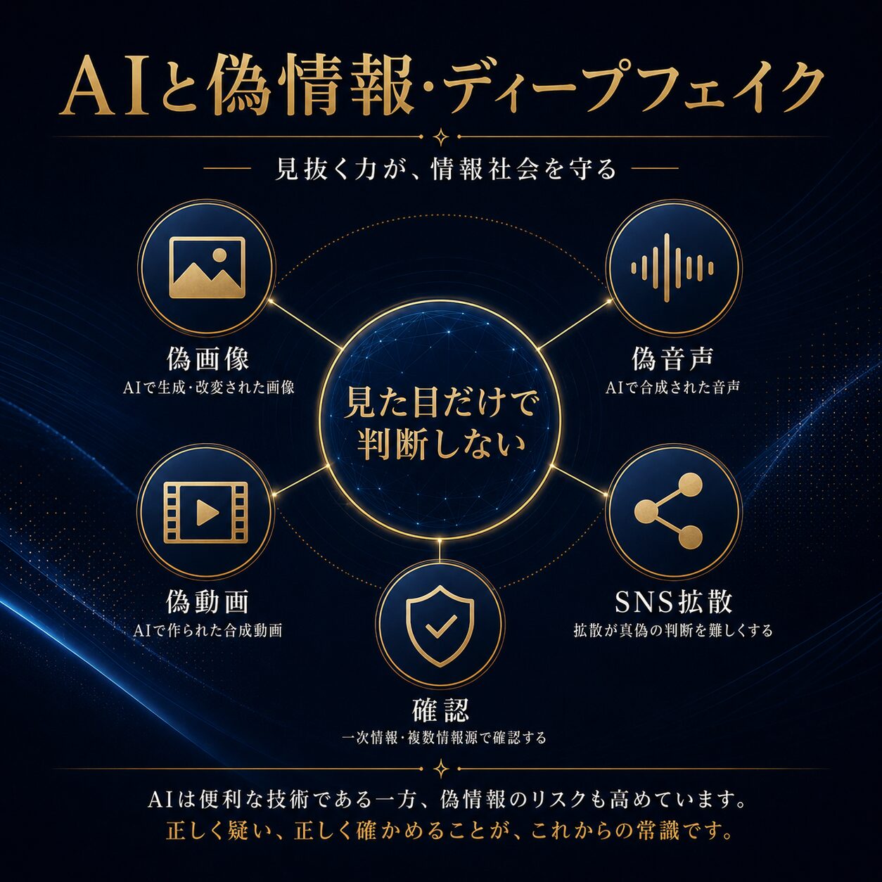 AIと偽情報・ディープフェイクの問題を、偽画像、偽音声、偽動画、SNS拡散、確認の必要性から示した図解