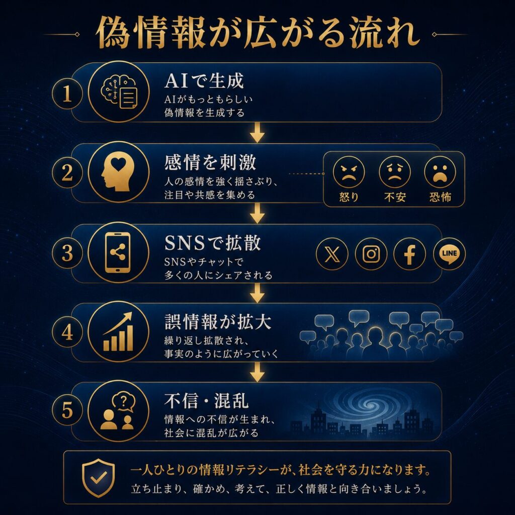 AIで作られた偽情報が、感情を刺激し、SNSで拡散され、不信や混乱につながる流れを示した図解