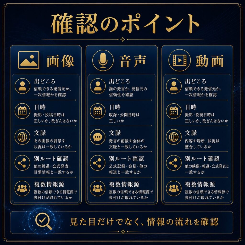 偽画像、偽音声、偽動画を確認するために、出どころ、日時、文脈、別ルート確認を見る図解