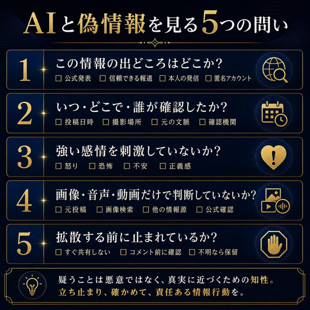 AIと偽情報・ディープフェイクを見るための5つの問いを示したチェックリスト図解