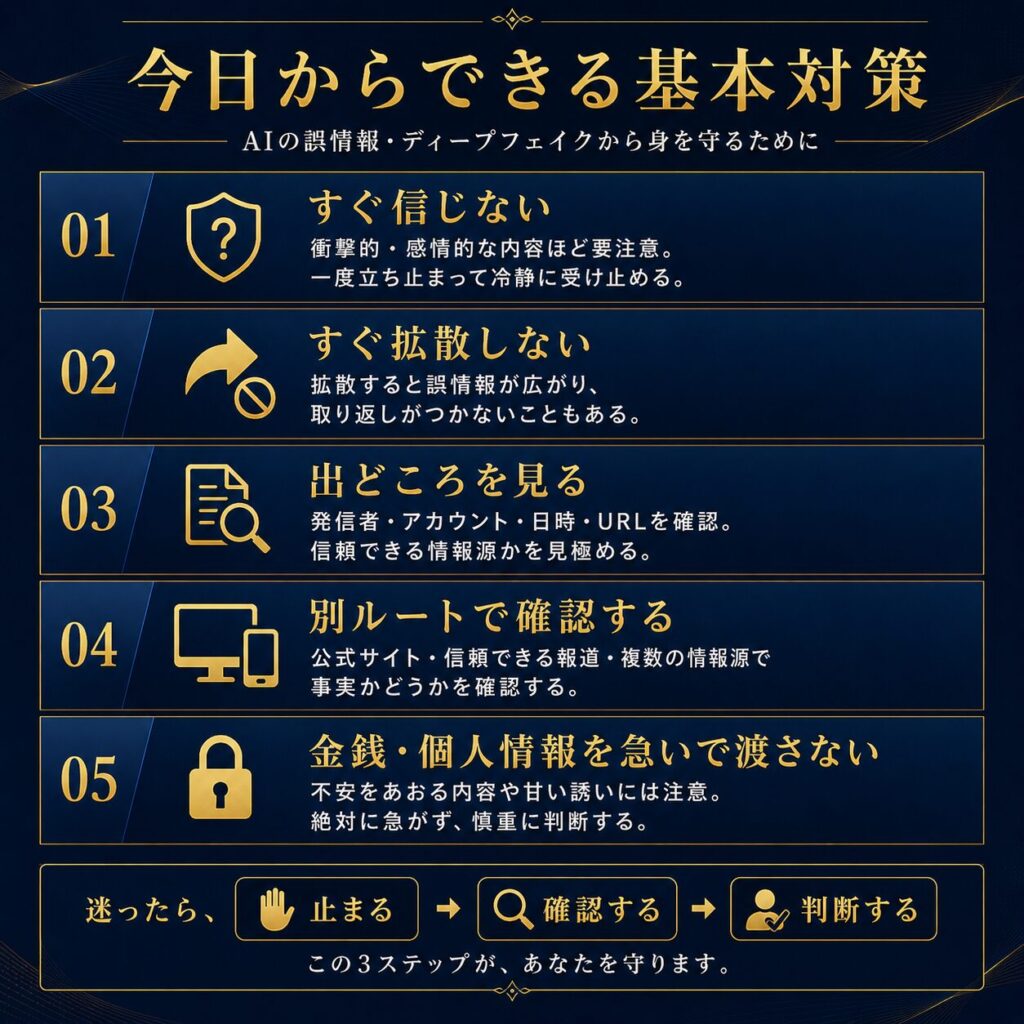 AIによる偽情報やディープフェイクに備えるため、すぐ信じない、すぐ拡散しない、出どころを見る、別ルートで確認する基本行動を示した図解