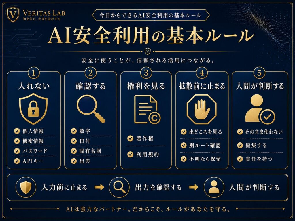 AIを安全に使う基本ルールとして、個人情報を入れない、出典を確認する、著作権を見る、偽情報を拡散しない、人間が判断することを示した図解