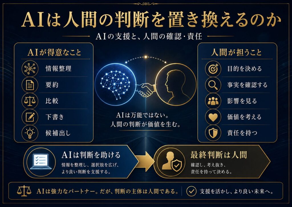 AIができる情報整理や候補出しと、人間が担う目的設定、影響確認、責任ある判断を分けた図解