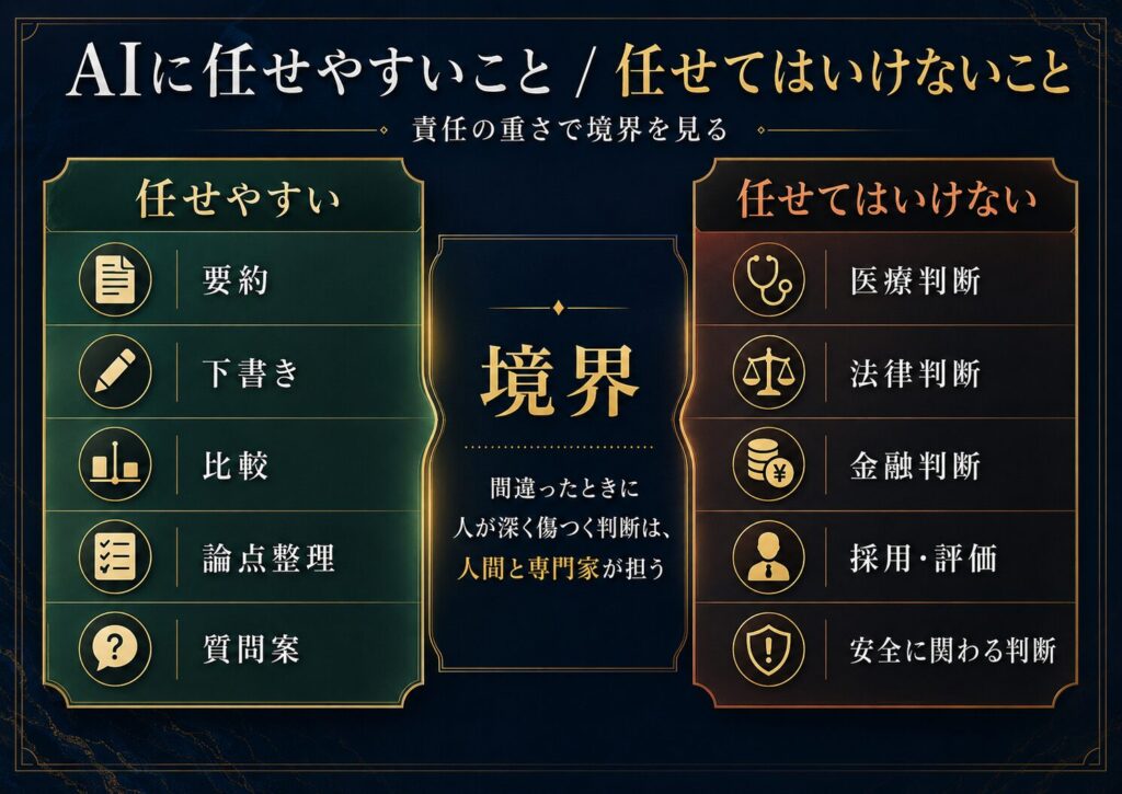 AIに任せやすい作業と、医療、法律、金融、人事、安全などAIに任せてはいけない判断の境界を示した図解