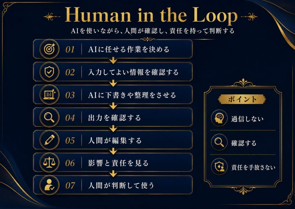 AIに下書きや整理をさせ、人間が確認し、編集し、影響と責任を見て判断する流れを示した図解