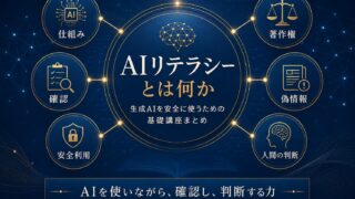 AIリテラシー基礎講座の全体像を、仕組み、確認、安全利用、仕事、偽情報、人間の判断から示した図解