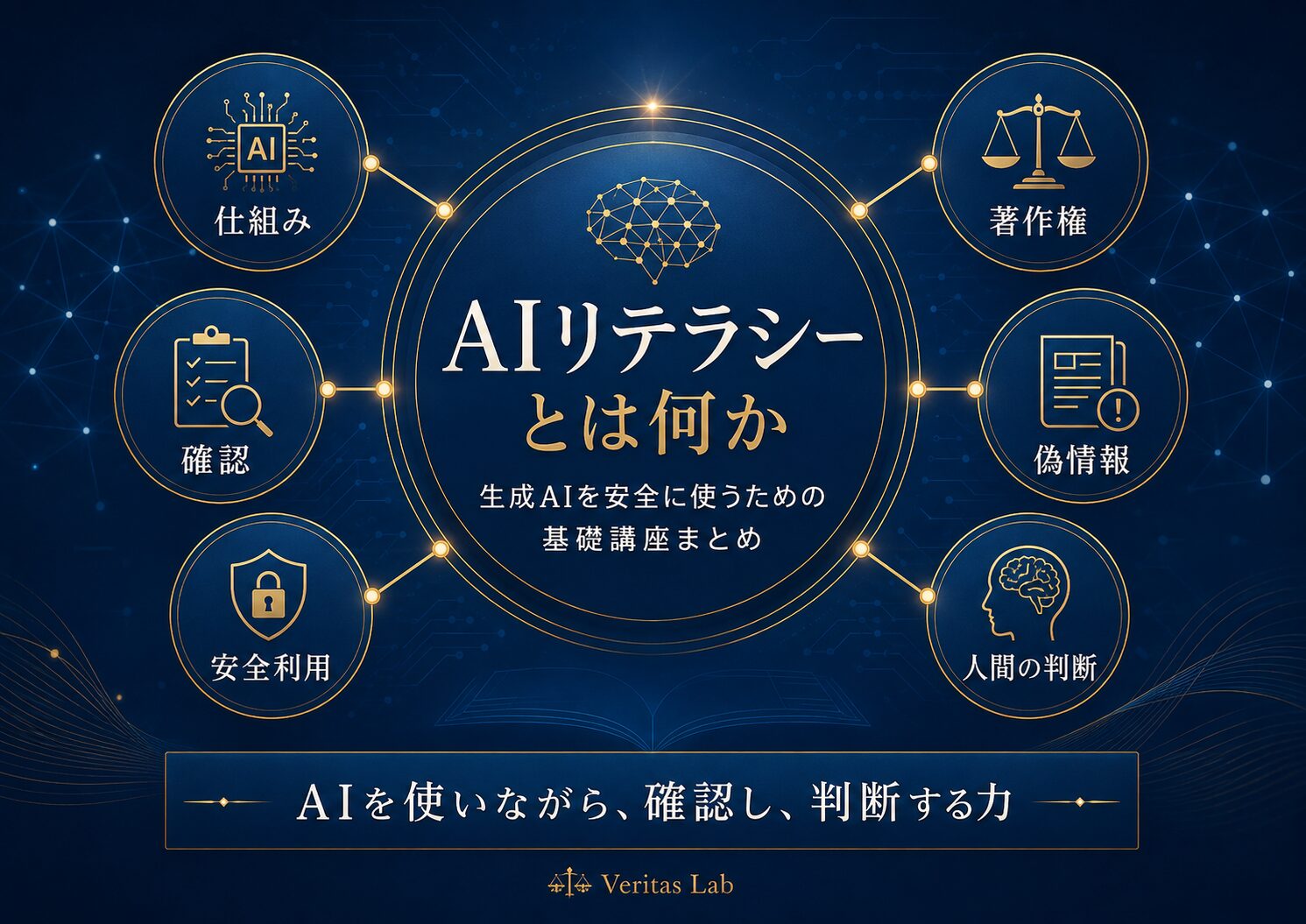 AIリテラシー基礎講座の全体像を、仕組み、確認、安全利用、仕事、偽情報、人間の判断から示した図解