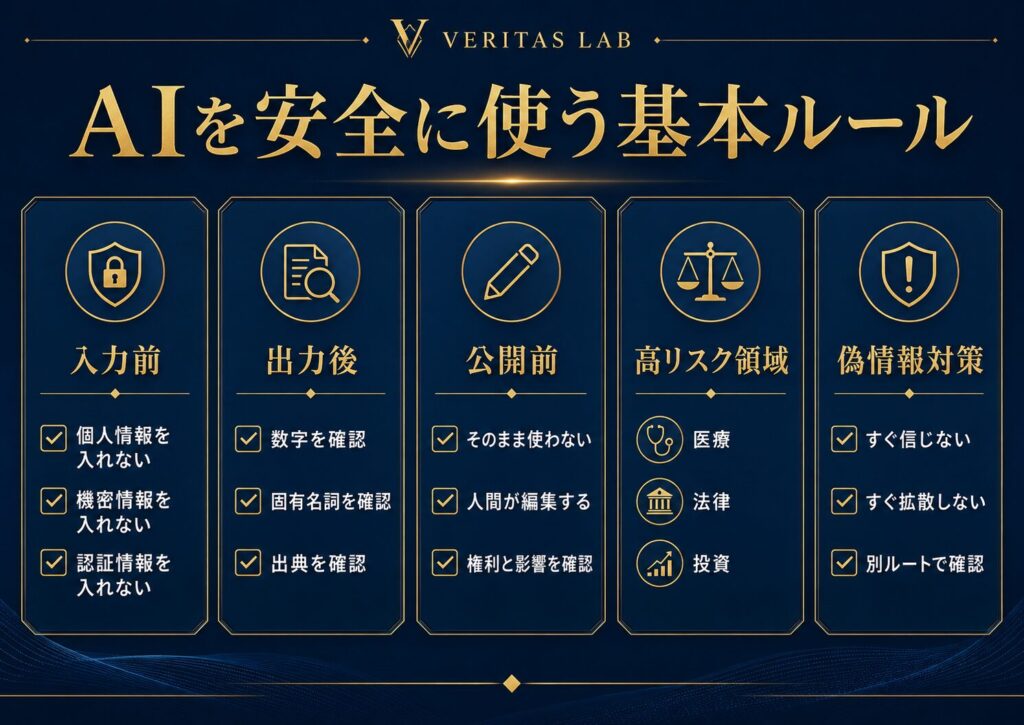 AIを安全に使うための基本ルールとして、入力前、出力後、公開前、高リスク領域、偽情報対策を示した図解