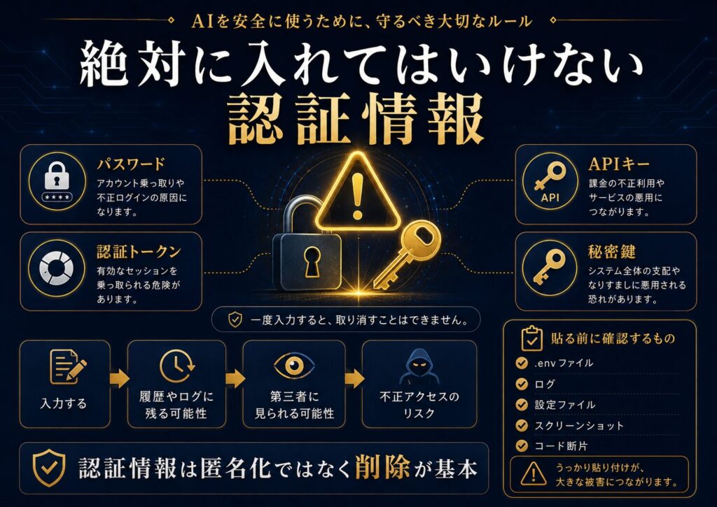 AIにパスワード、APIキー、認証トークン、秘密鍵を入力してはいけないことを示した警告図解