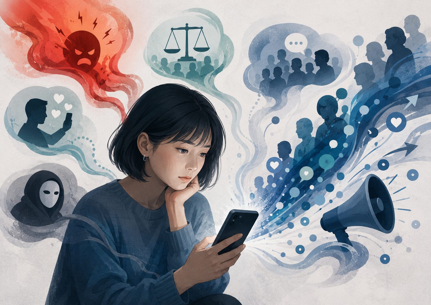 SNSで人が誰かを攻撃してしまう心理と、怒り・正義感・承認欲求・匿名性・集団心理が増幅される構造のイメージ