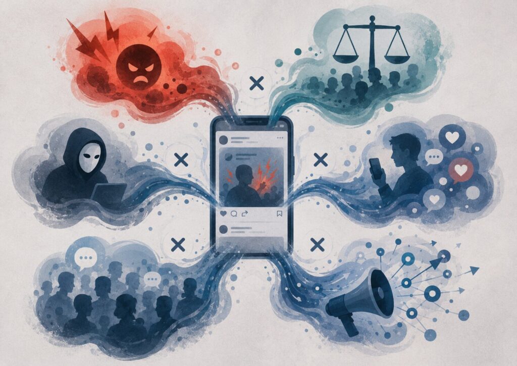 SNSでの攻撃を、人間の攻撃性、正義感、承認欲求、匿名性、集団心理、SNSの拡散構造の掛け算として整理したイメージ