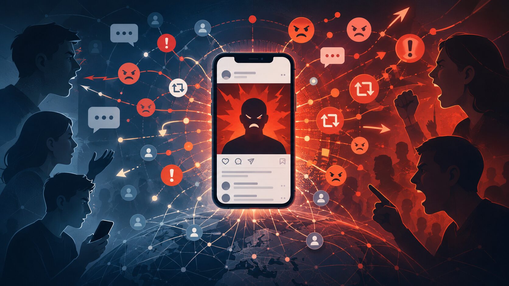 SNS上で怒りの投稿がコメントやリポスト、通知によって広がり、怒りが増幅されていく構造のイメージ