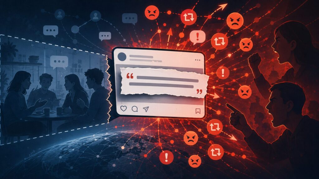 SNSで発言の一部だけが切り取られ、本来の文脈が失われたまま怒りや反応が拡散されていくイメージ
