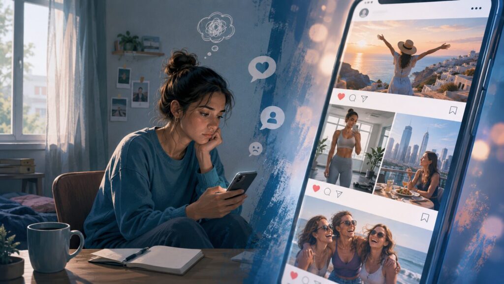 SNSで他人の旅行や成功、楽しそうな生活を見て、自分の日常と比較してしまう人のイメージ