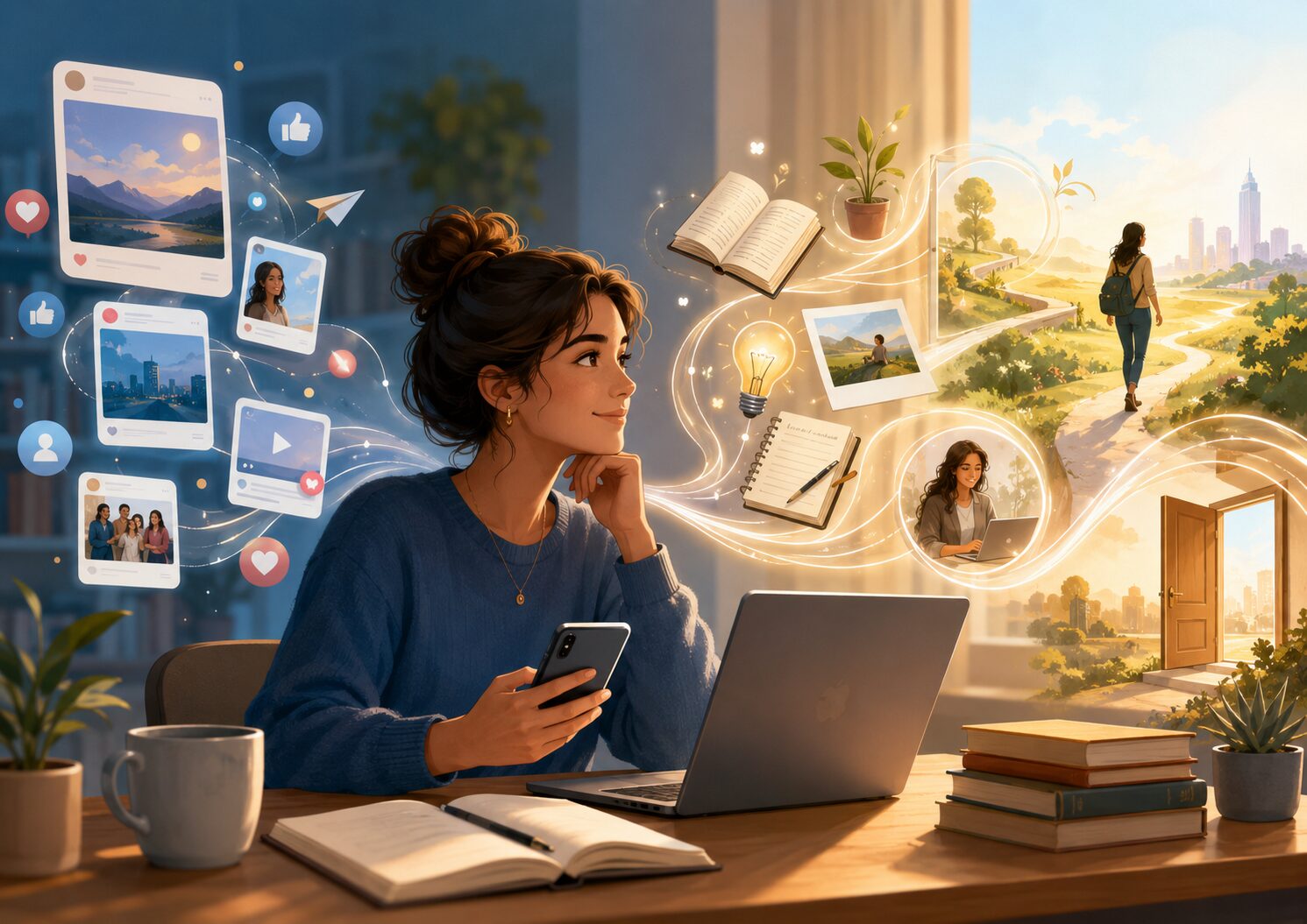 SNSの情報やつながりを、学び・発信・機会・人生の広がりへ活かしていくイメージ