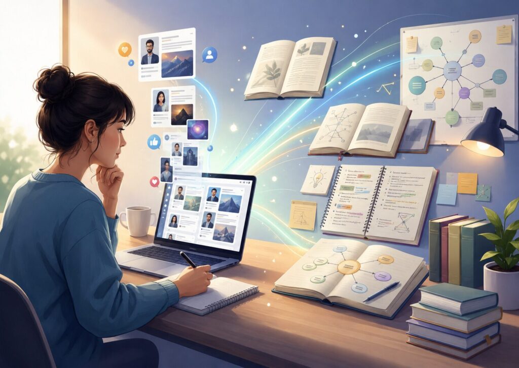 SNSの投稿や情報をきっかけに、本やノート、概念図を使って学びを深めていくイメージ