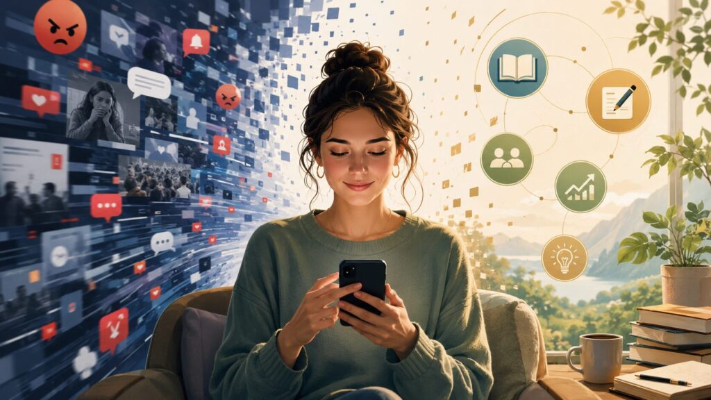 SNSの怒りや通知に振り回されず、学び・発信・つながり・成長のためにSNSを使うイメージ