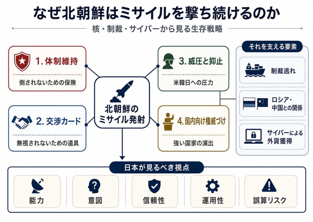 北朝鮮がミサイルを発射し続ける理由を体制維持、交渉カード、威圧と抑止、国内向け権威づけから整理した図解