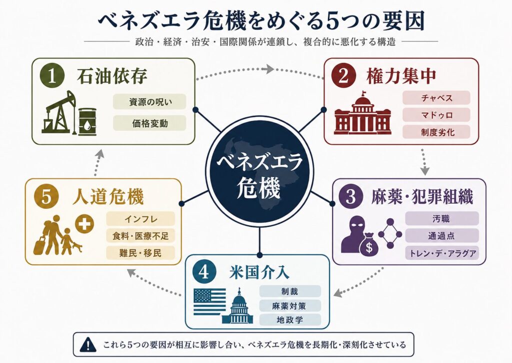 ベネズエラ危機を石油依存、権力集中、麻薬・犯罪組織、米国介入、人道危機の5つの要因で整理した図解
